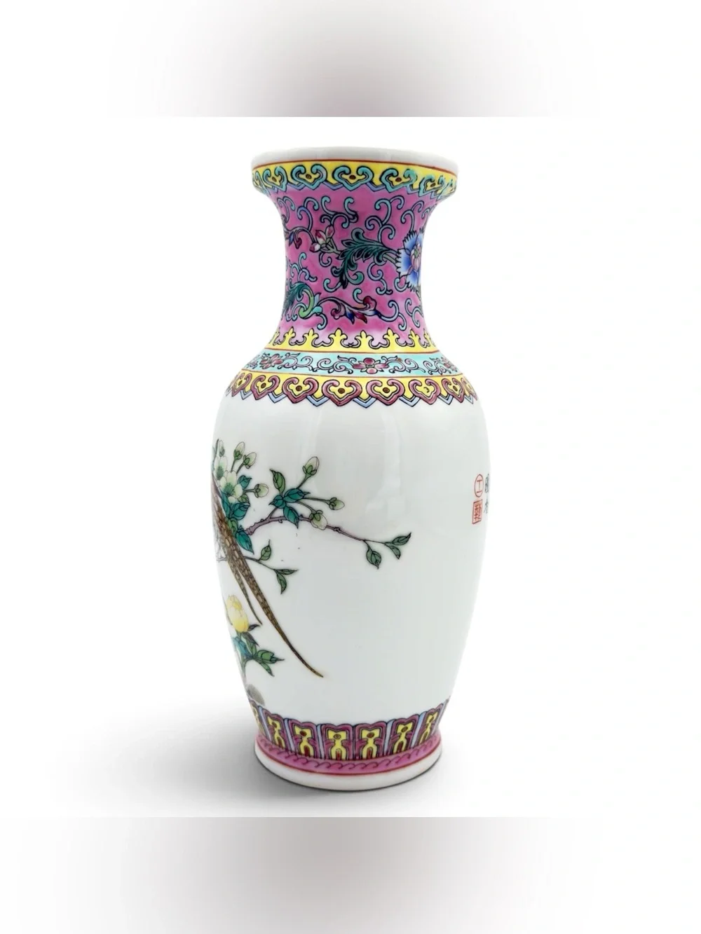 Vintage Chinese Porcelain Poem Vase Jingdezhen Famille Rose Peacock & Peony